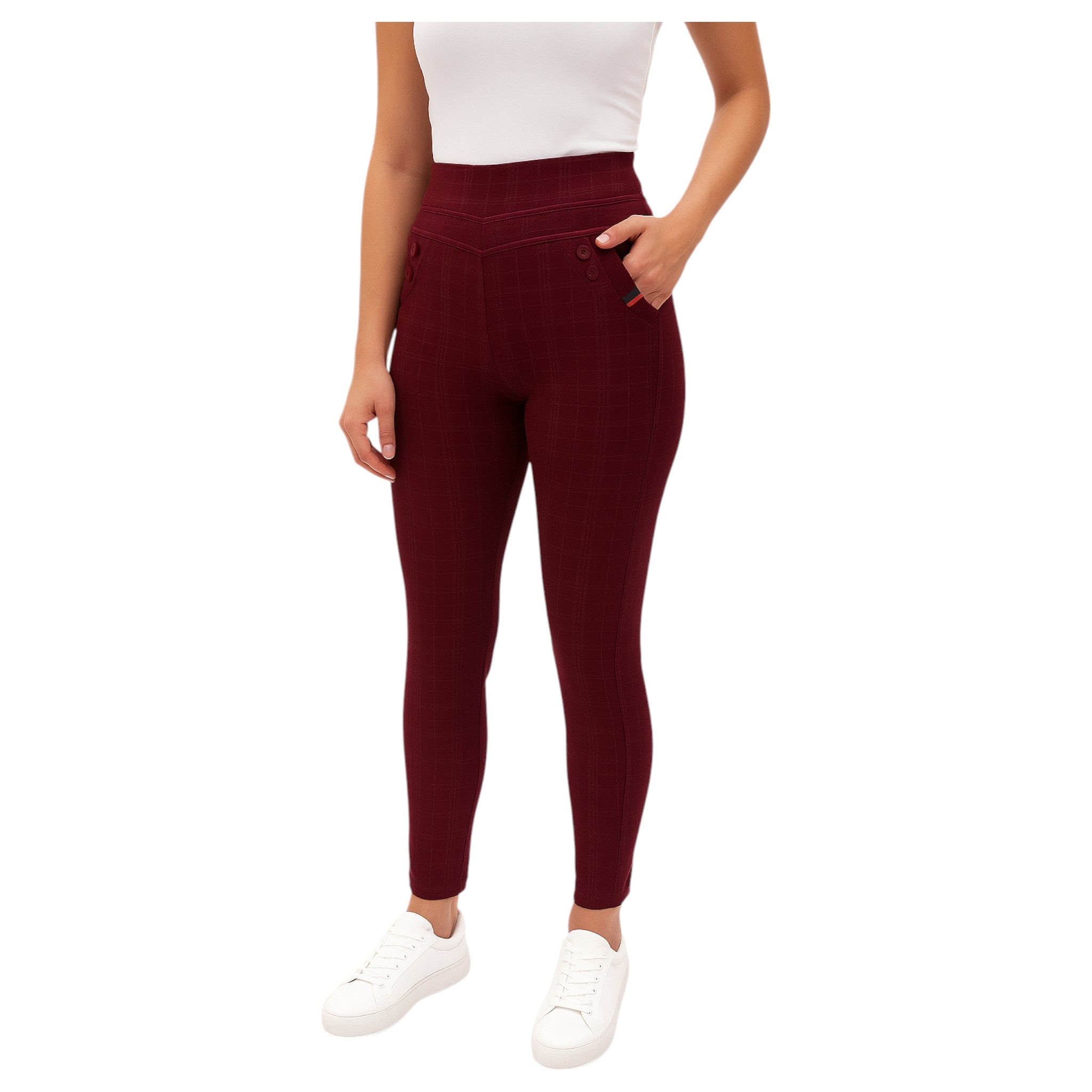 Ladies high-waisted burgundy check slim-fit trousers with front button detail